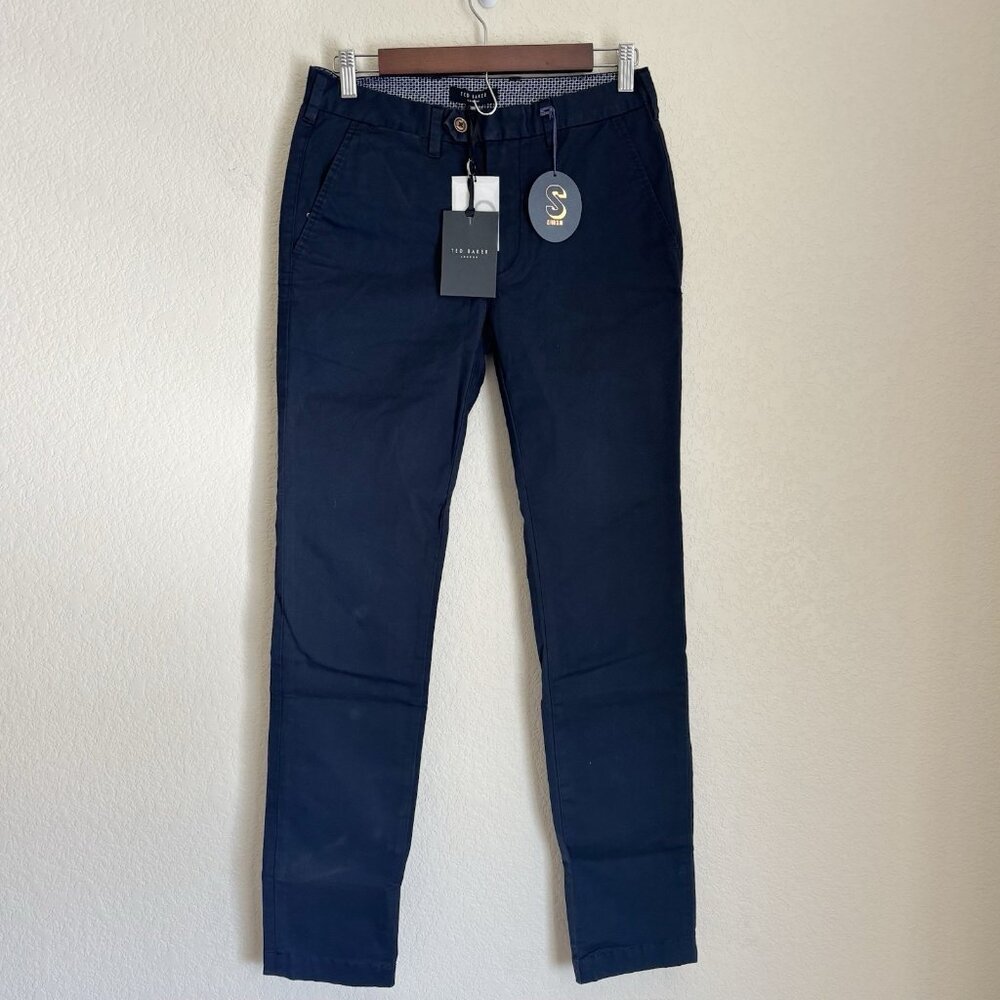 Ted Baker Navy Slim Chino Slacks 28R Cotton Polyester Tampered Ankle Business